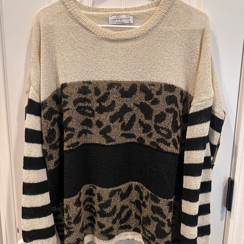 Pink Lily Leopard Print Striped Sweater